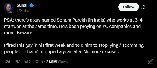 Bài đăng cảnh báo về Soham Parekh