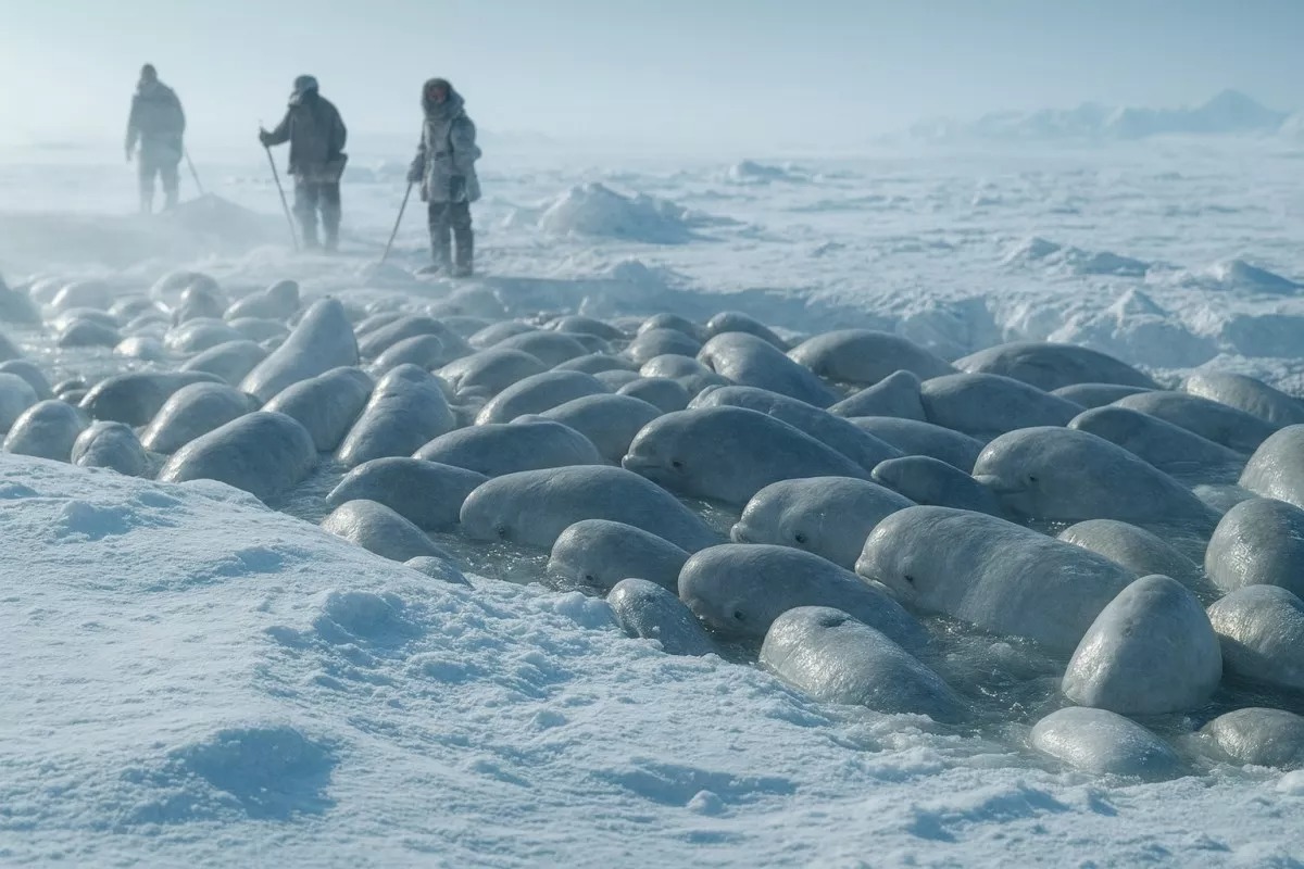 Tại sao 'Chiến dịch Beluga' lại dùng âm nhạc cổ điển để giải cứu 2.000 cá voi trắng giữa biển băng Bắc Cực?- Ảnh 1. Đàn cá voi trắng bị mắc kẹt trong băng ở Bắc Cực