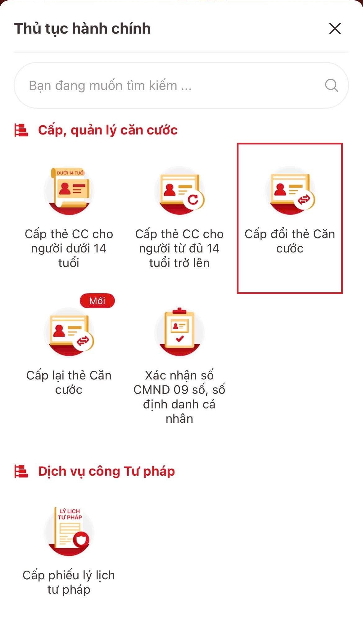 Chọn cấp đổi thẻ căn cước trong danh mục