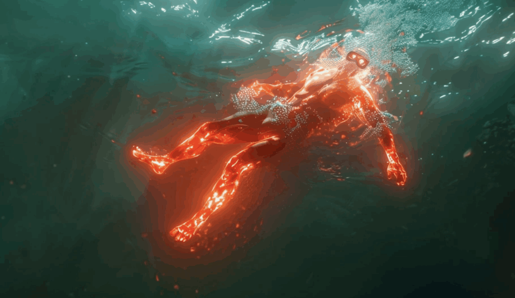 Mô phỏng hình dạng con người dưới nước Con người với thân hình thon dài, cột sống uốn sóng và chi chèo