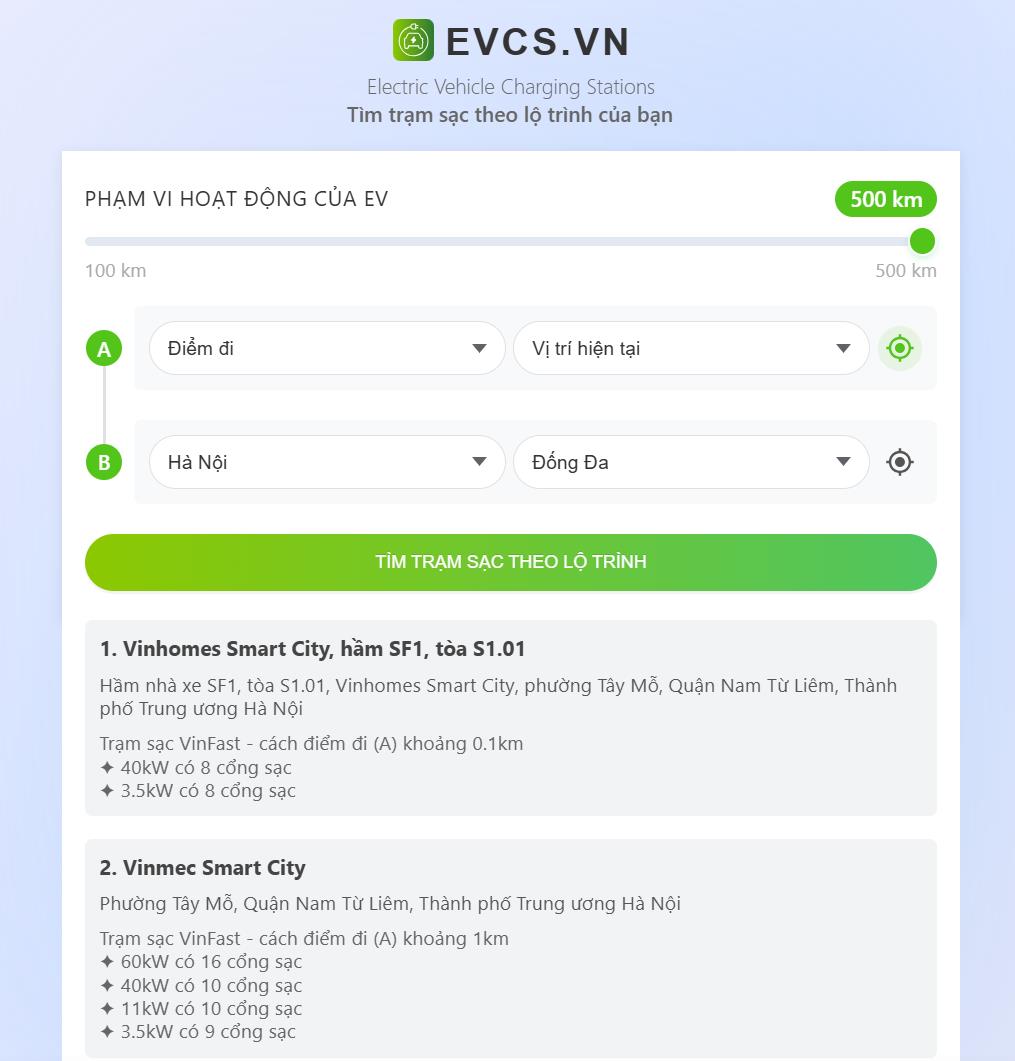 Tính năng tìm trạm sạc theo lộ trình