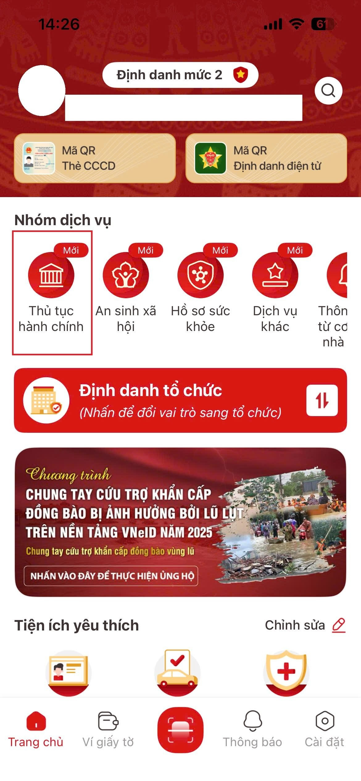 Chọn Thủ tục hành chính trên ứng dụng