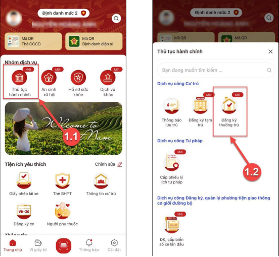 Chọn thủ tục hành chính trên VNeID Màn hình chọn thủ tục hành chính trên VNeID