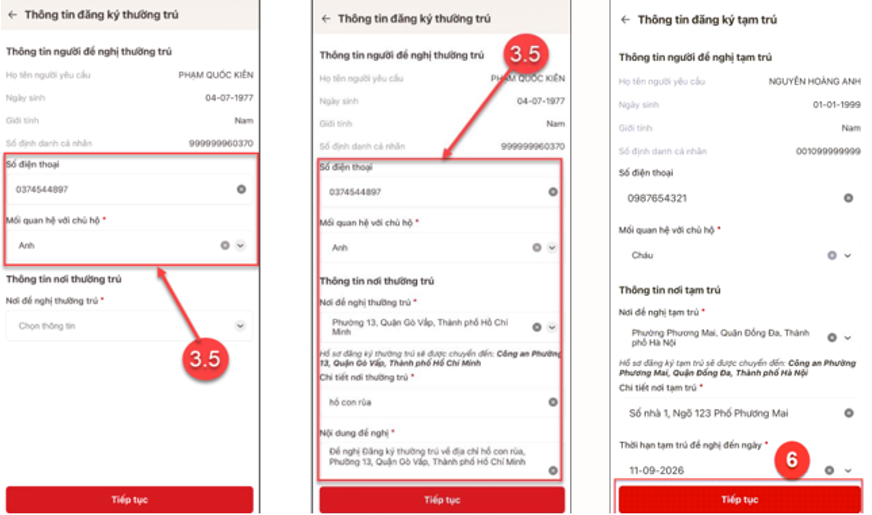 Chọn địa điểm đăng ký tạm trú Lựa chọn tỉnh, huyện, xã/phường nơi đăng ký trên VNeID