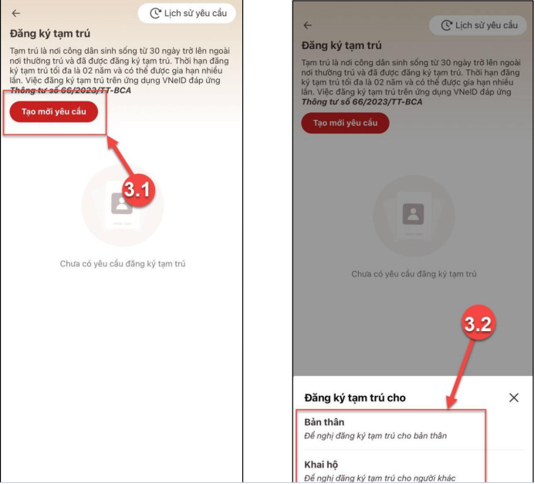 Tạo yêu cầu đăng ký tạm trú mới Giao diện tạo yêu cầu tạm trú trên VNeID